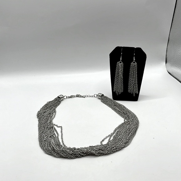 Layered Chain Link Necklace and Earrings Set 24 Multiple Layers of Chains - Picture 6 of 11